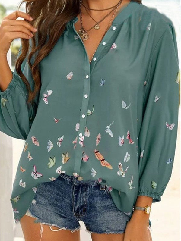 Butterfly Print Button Lapel Long Sleeve Blouse