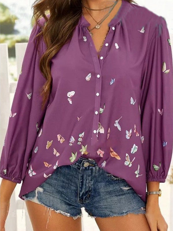 Blouses - Butterfly Print Button Lapel Long Sleeve Blouse - MsDressly