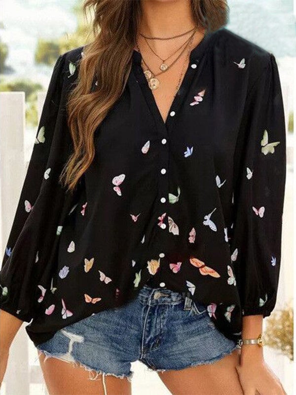 Butterfly Print Button Lapel Long Sleeve Blouse