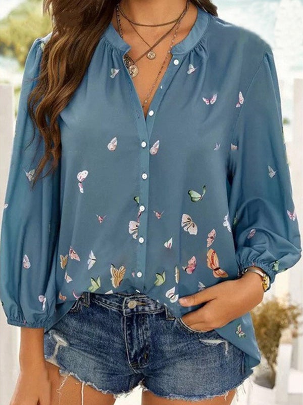 Blouses - Butterfly Print Button Lapel Long Sleeve Blouse - MsDressly