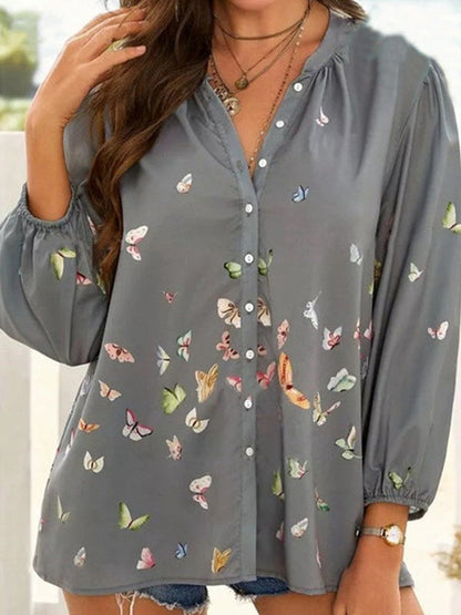 Butterfly Print Button Lapel Long Sleeve Blouse