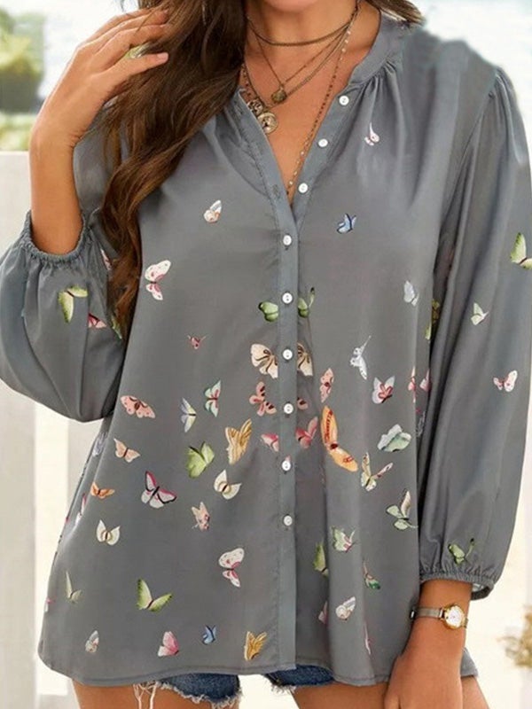 Blouses - Butterfly Print Button Lapel Long Sleeve Blouse - MsDressly