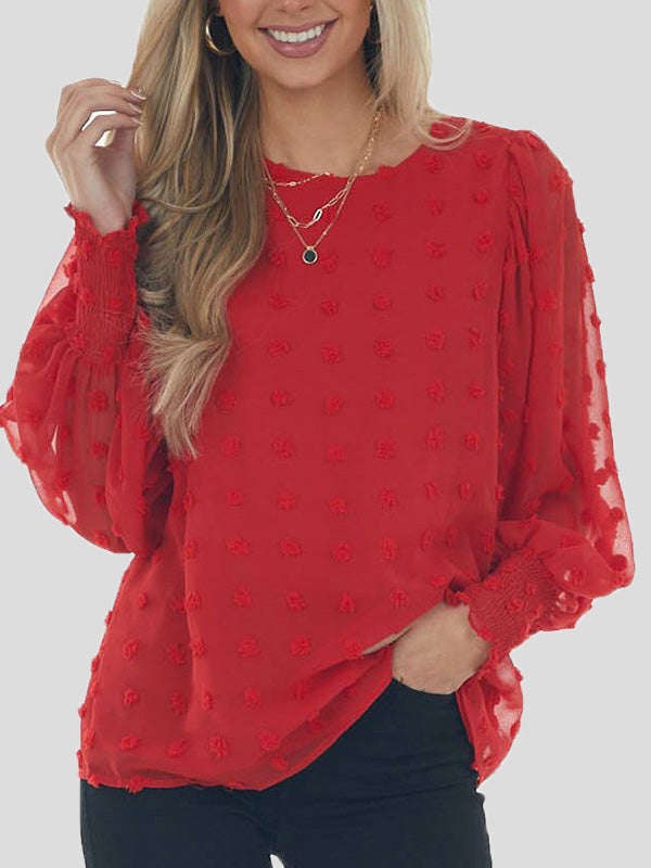 Blouses Chiffon Jacquard Dot Lantern Long Sleeve Blouse for Women