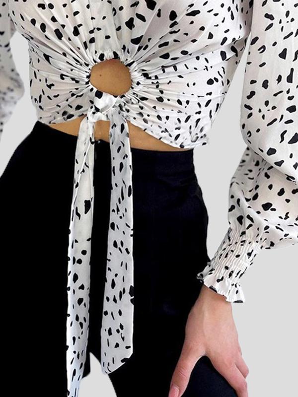 Women's Blouses Cow Pattern V-Neck Tie Hollow Long Sleeve Crop Blouse - LuckyFash™