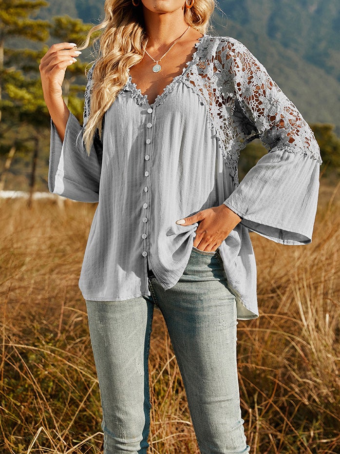 Blouses Deep V-Neck Lace Hollow Long Sleeve Blouses for Women