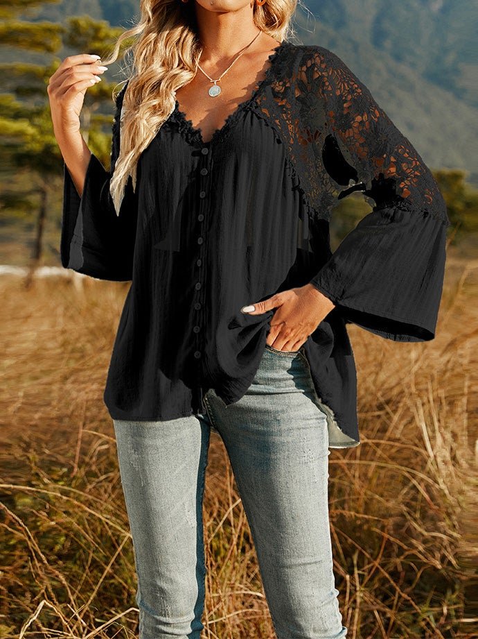 Blouses Deep V-Neck Lace Hollow Long Sleeve Blouses for Women