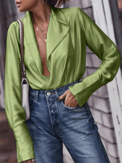 Women's Blouses Deep V Neck Lapel Long Sleeve Blouse - LuckyFash™