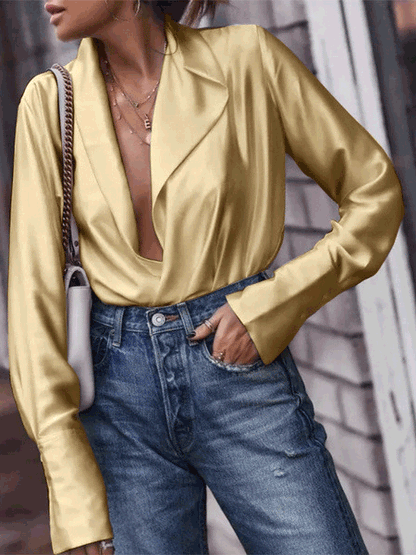 Blouses Deep V Neck Lapel Long Sleeve Blouse for Women