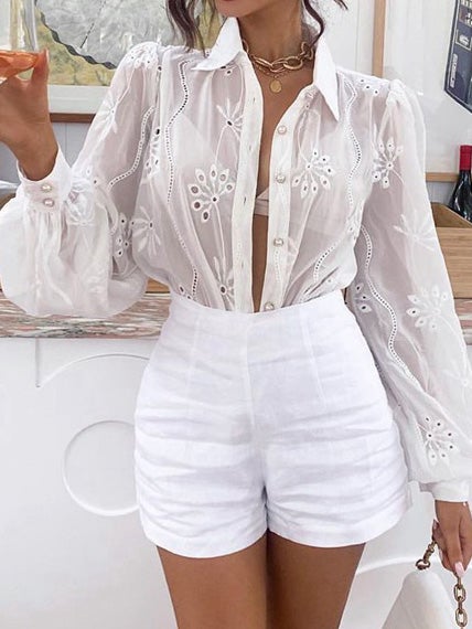 Blouses Lapel Embroidered Crochet Puff Long Sleeve Blouse for Women