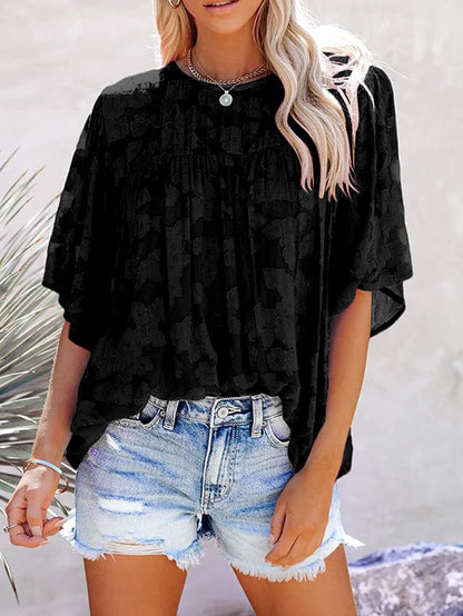 Blouses - Loose Hollow Floral Short Sleeve Blouse - MsDressly