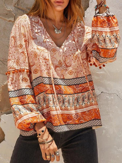 Blouses Loose V-Neck Printed Long Sleeve Blouse for Women