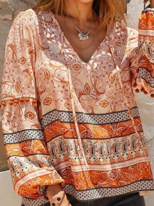 Women's Blouses Loose V-Neck Printed Long Sleeve Blouse - LuckyFash™