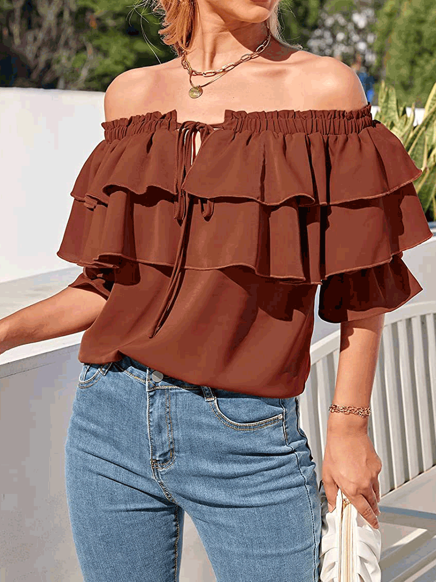 Blouses - Off-Shoulder Ruffle Long Sleeve Blouse - MsDressly