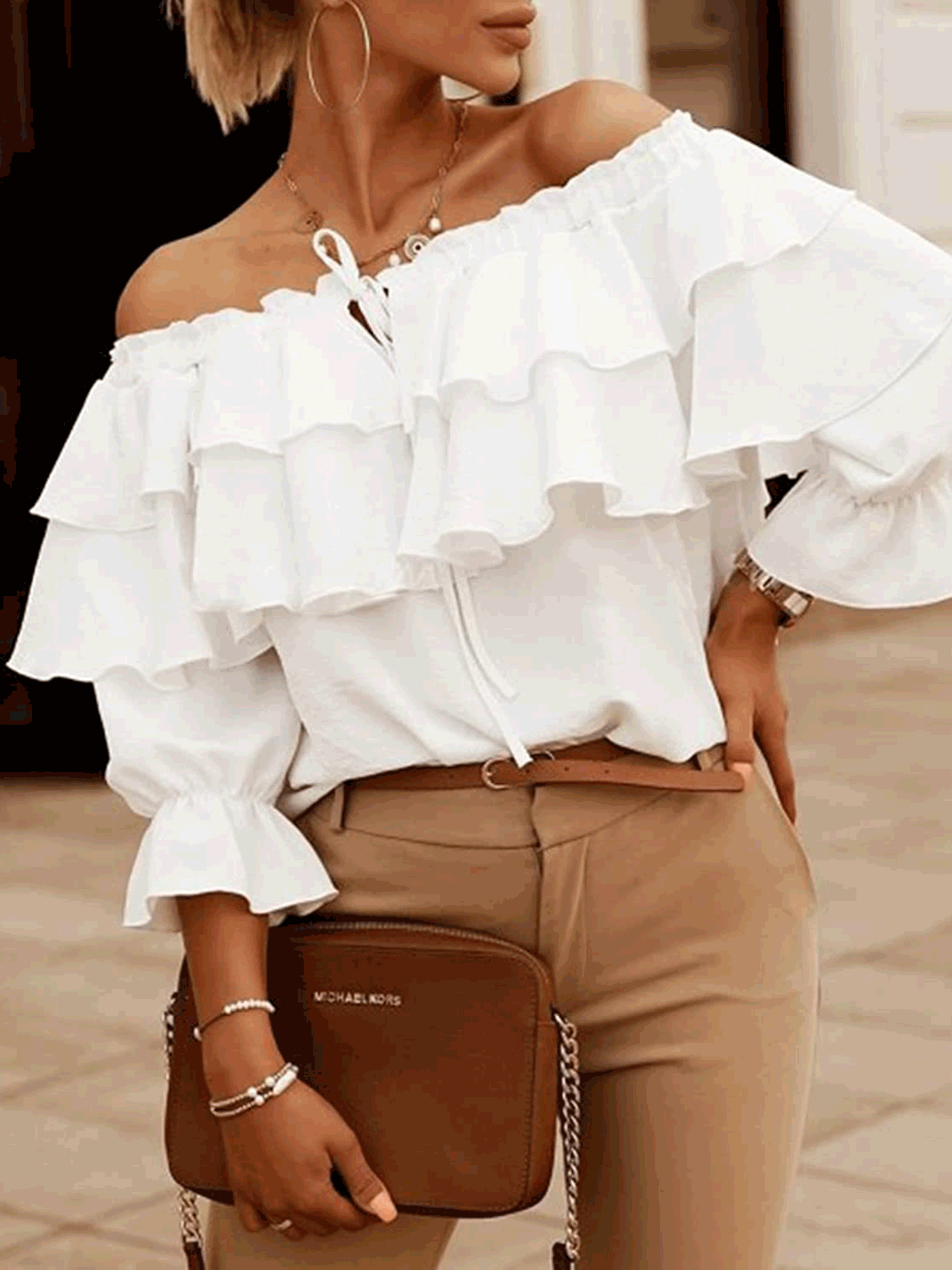 Blouses - Off-Shoulder Ruffle Long Sleeve Blouse - MsDressly