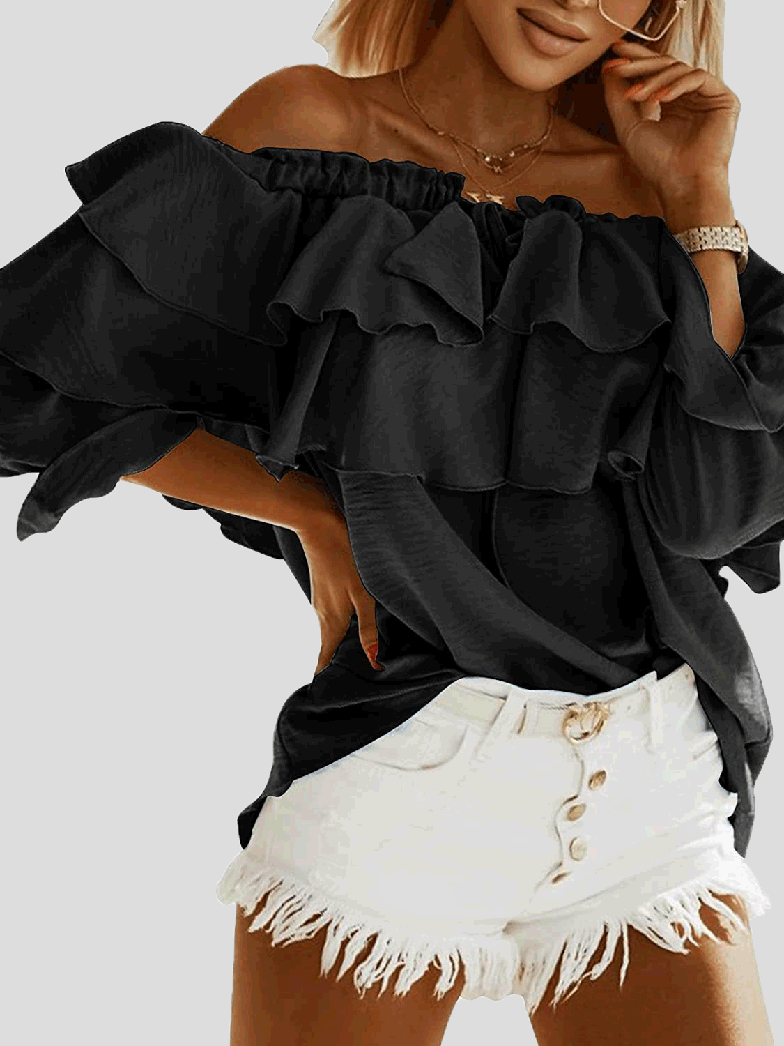 Blouses - Off-Shoulder Ruffle Long Sleeve Blouse - MsDressly