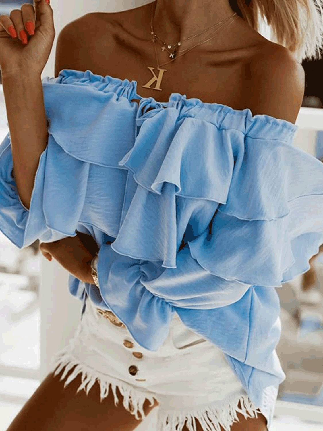 Off-Shoulder Ruffle Long Sleeve Blouse