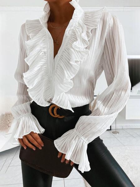 Women's Blouses Ruffled V-Neck Solid Long Sleeve Blouse - LuckyFash™