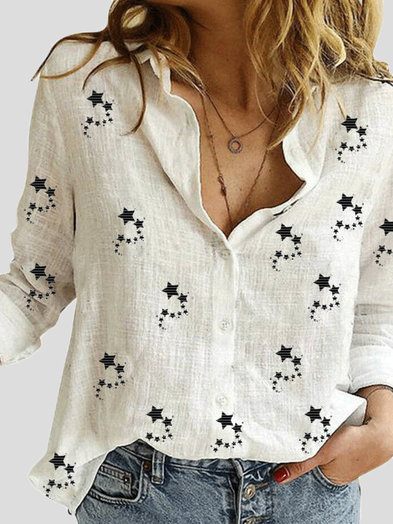 Blouses - Small Star Print Button Long Sleeve Blouse - MsDressly