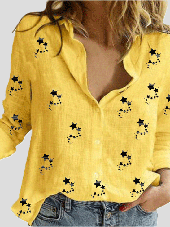 Blouses - Small Star Print Button Long Sleeve Blouse - MsDressly