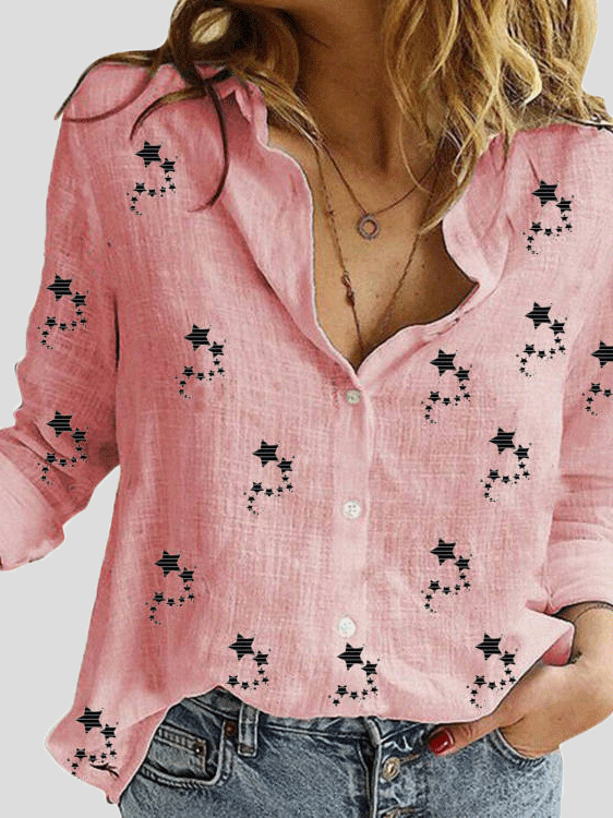 Small Star Print Button Long Sleeve Blouse