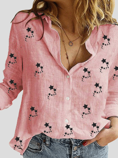 Small Star Print Button Long Sleeve Blouse