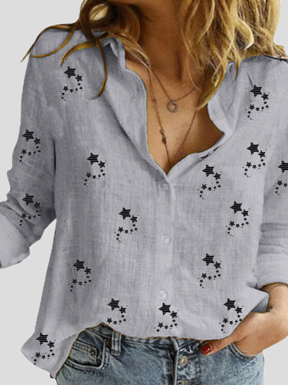 Small Star Print Button Long Sleeve Blouse