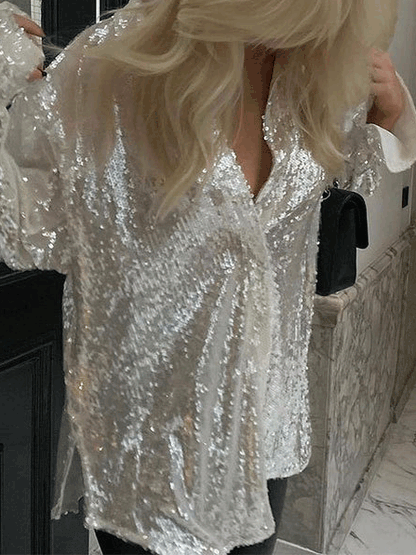 Blouses Sparkling Sequin Long Sleeve Party Blouse for Women