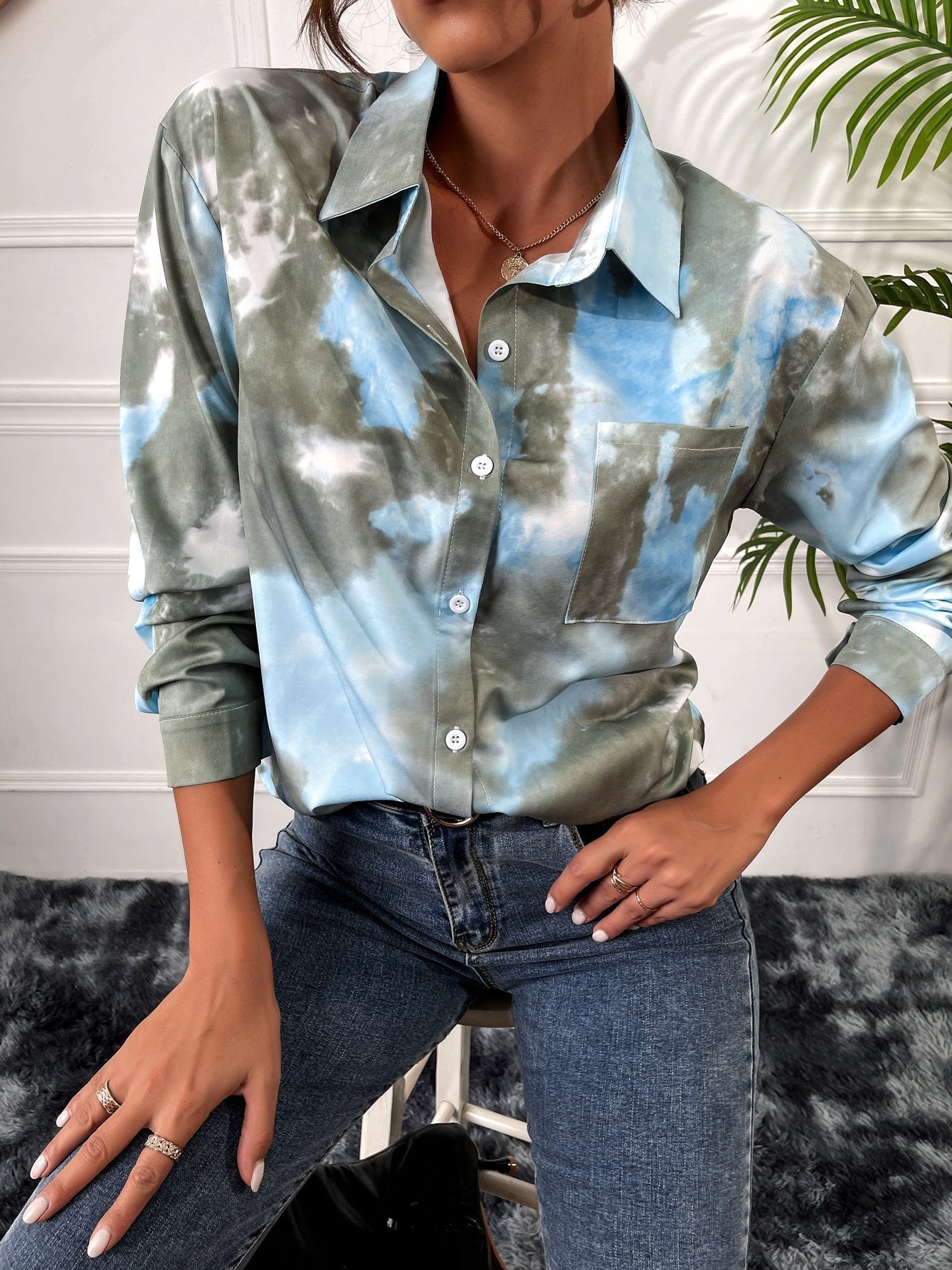 Women's Blouses Tie-Dye Printed Lapel Pocket Long Sleeve Blouse - LuckyFash™