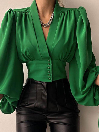 Blouses V-Neck Button Lantern Long Sleeve Blouse for Women