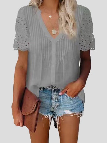 Blouses V-Neck Lace Pleated Short Sleeve Blouse for Women