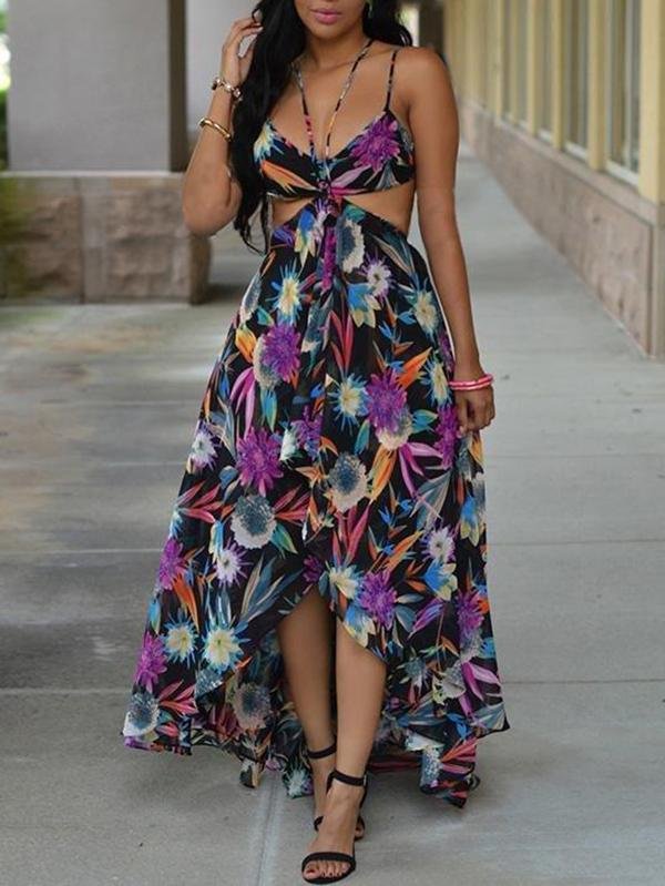 Bohemian Print Sling Chiffon Dress for Women