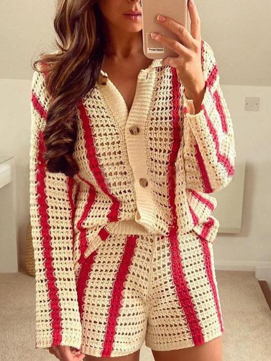 Women's Cardigans Lapel Striped Button Hollow Knit Cardigan - LuckyFash™