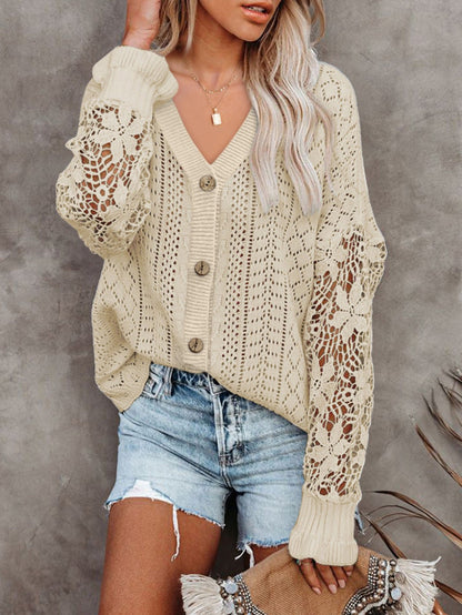 Cardigans Single Breasted Hollow Lace Long Sleeve Sweater Cardigan for Women