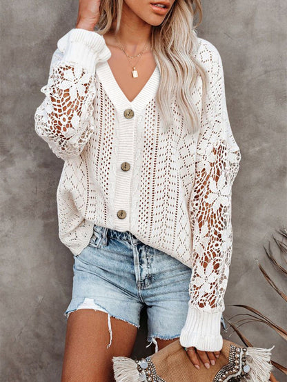 Cardigans Single Breasted Hollow Lace Long Sleeve Sweater Cardigan for Women