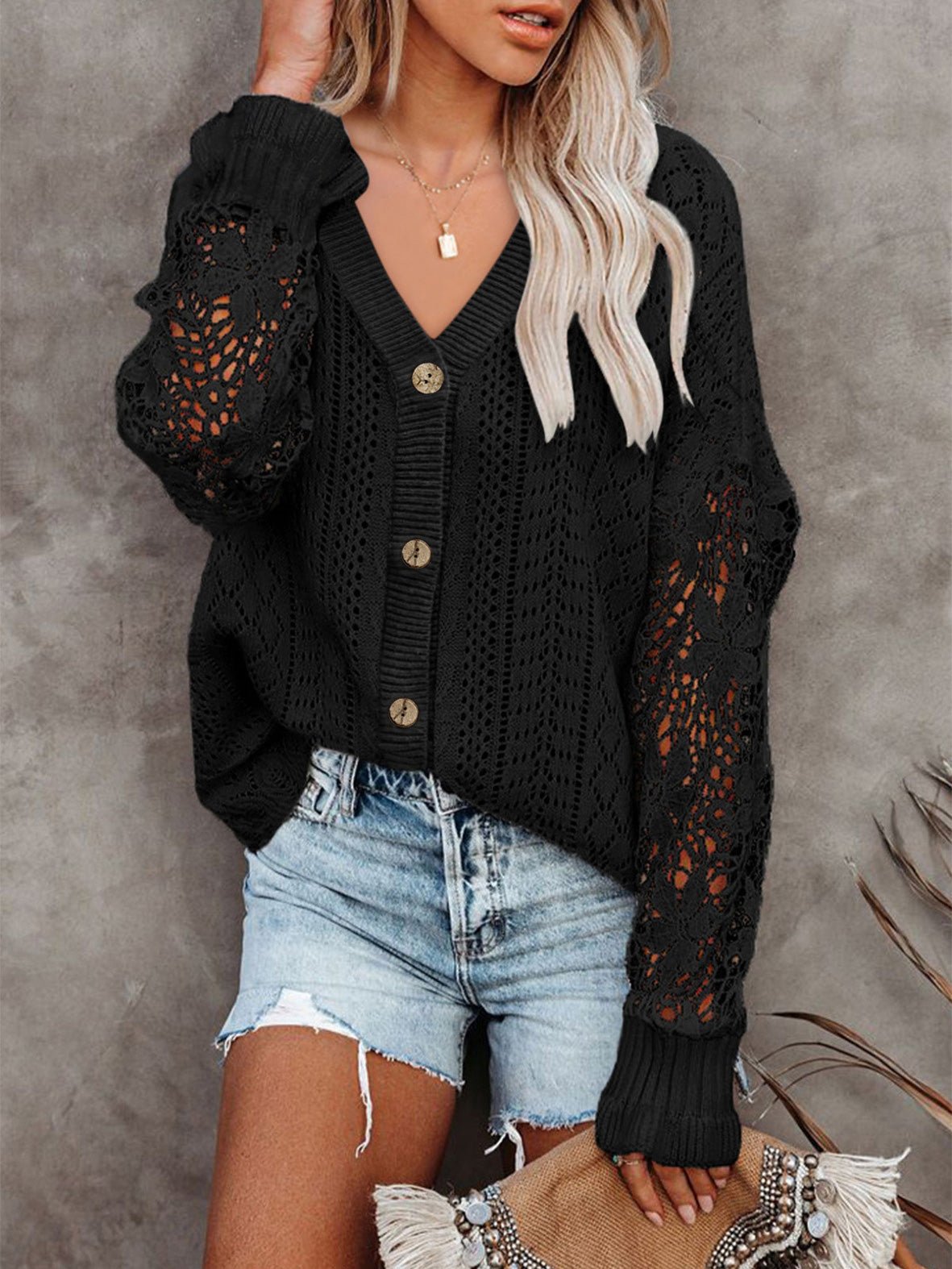 Cardigans Single Breasted Hollow Lace Long Sleeve Sweater Cardigan for Women