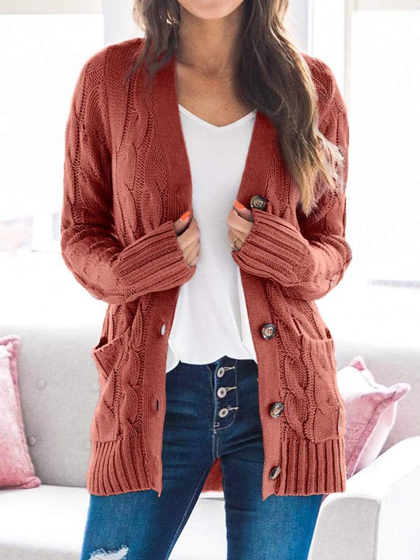 Cardigans Single-Breasted Pocket Long Sleeve Knitted Cardigan for Women