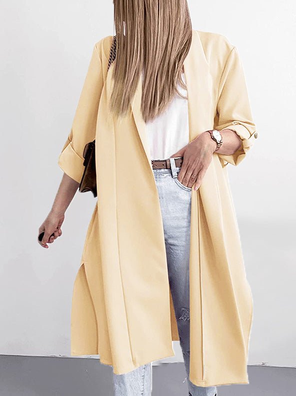 Cardigans - Solid Lapel 3/4 Sleeve Slit Cardigan - MsDressly