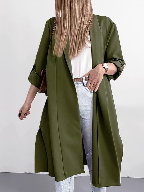 Cardigans - Solid Lapel 3/4 Sleeve Slit Cardigan - MsDressly