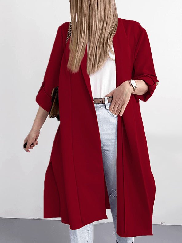 Cardigans - Solid Lapel 3/4 Sleeve Slit Cardigan - MsDressly