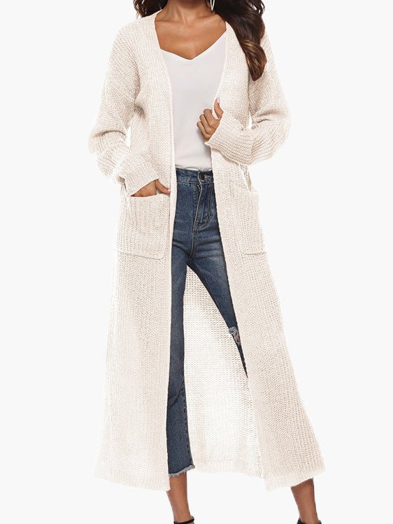 Cardigans - Solid Pocket Slit Long Sweater Cardigan - MsDressly