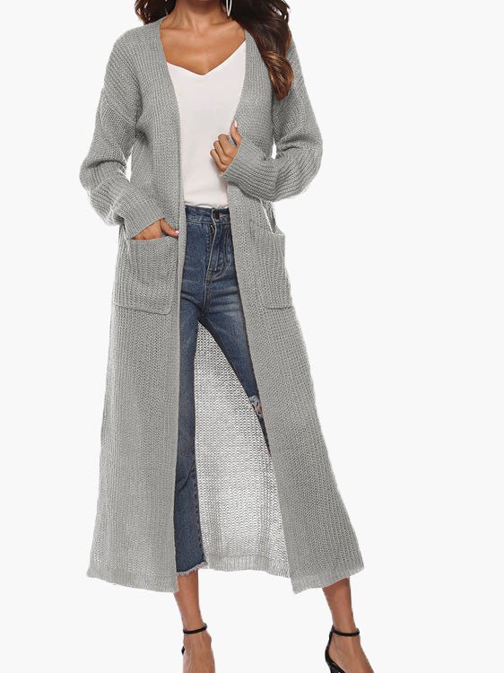 Cardigans - Solid Pocket Slit Long Sweater Cardigan - MsDressly