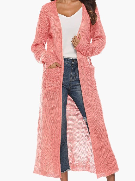 Solid Pocket Slit Long Sweater Cardigan