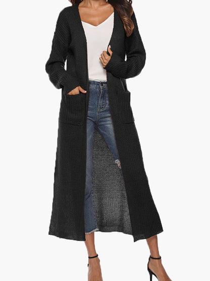 Solid Pocket Slit Long Sweater Cardigan