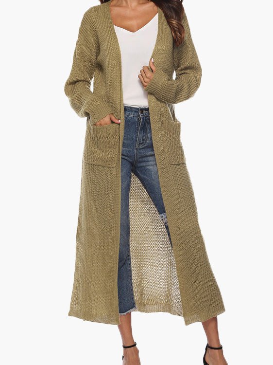 Cardigans - Solid Pocket Slit Long Sweater Cardigan - MsDressly