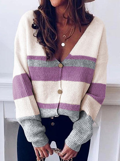 Cardigans V-Neck Button Striped Sweater Cardigan for Women