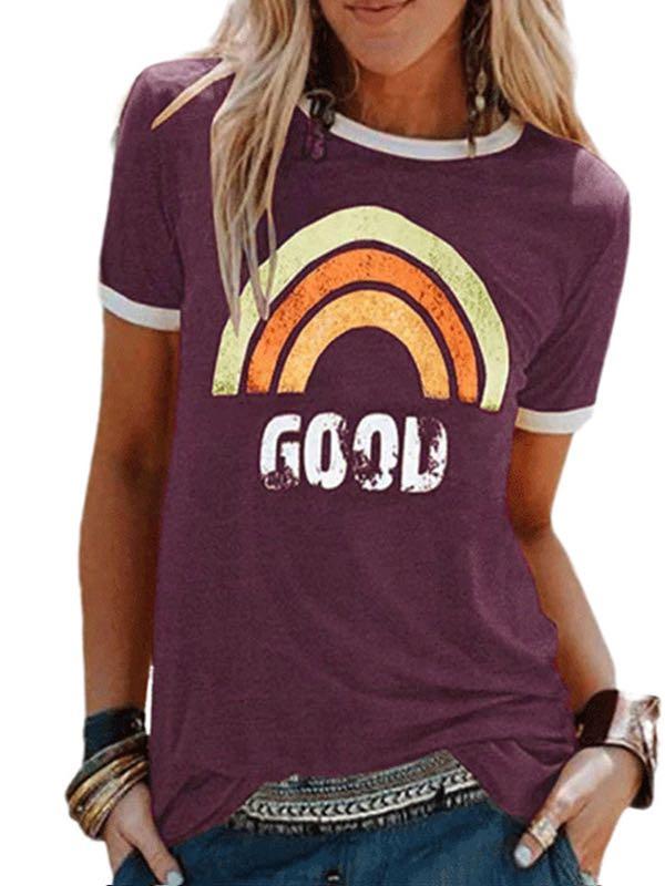 Casaul Rainbow Print Crewneck T-Shirt for Women