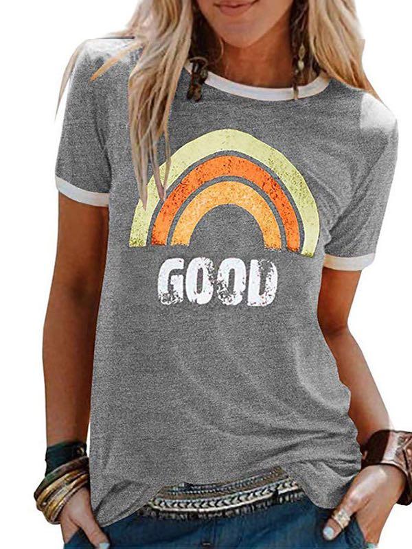 Casaul Rainbow Print Crewneck T-Shirt for Women