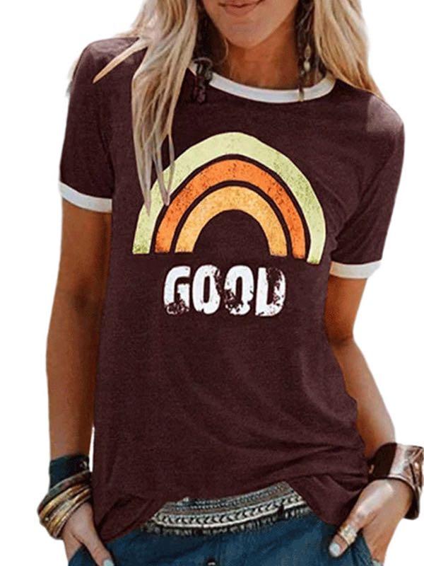 Casaul Rainbow Print Crewneck T-Shirt for Women