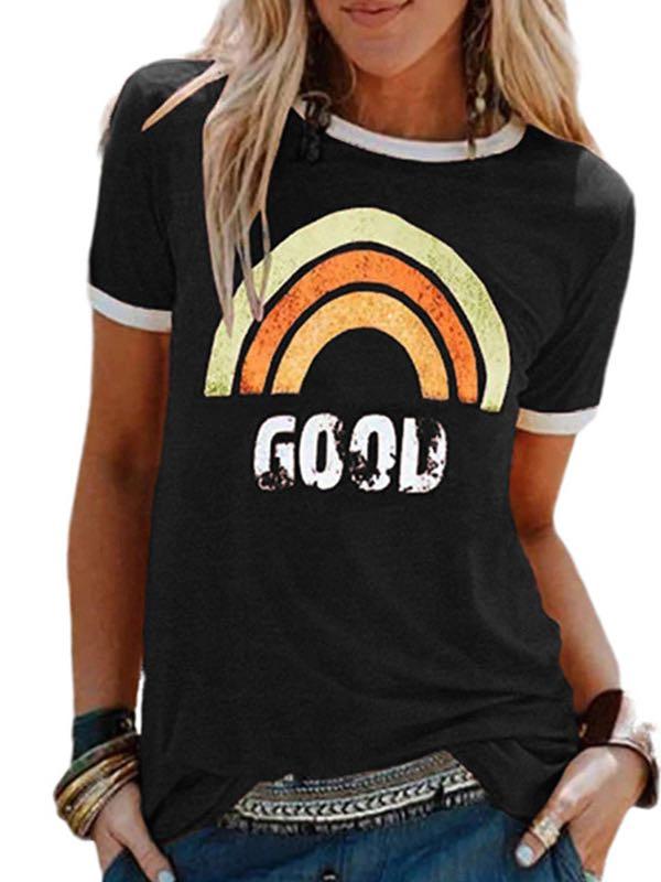 Casaul Rainbow Print Crewneck T-Shirt for Women