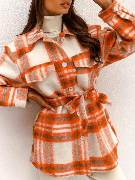 Women's Coats Checked Belted Two-Tone Pocket Button Woolen Coat - LuckyFash™